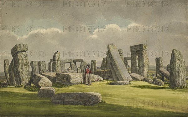 Stonehenge from the W.S.W., showing ruins with soldier, 1824-1839. Artist: Henry Browne.