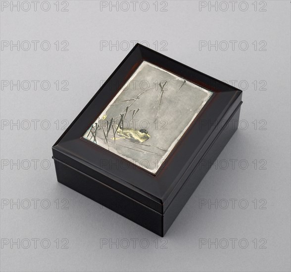 Box with plaque depicting a duck swimming past reeds, probably before 1908. Artist: Ikkoku Kajima.