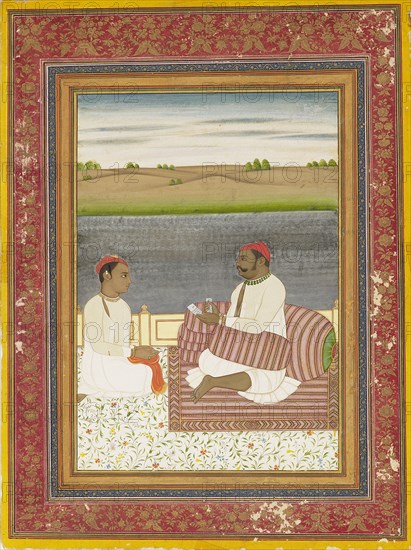 Man seated on a terrace with an attendant or pupil, 19th century. Artist: Unknown.