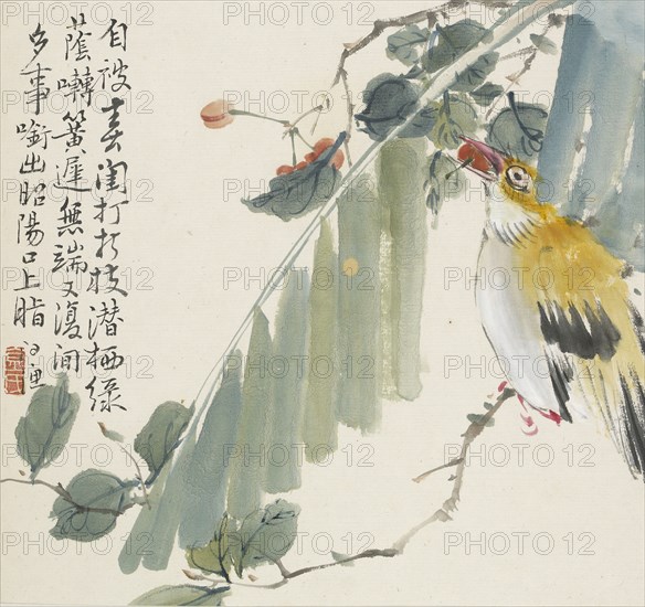 Golden oriole with a cherry in its mouth, 1857. Artist: Jin Yuan.