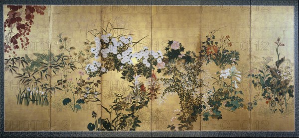 Screen with autumn and winter flowers, early 18th century. Artist: Watanabe Shiko.