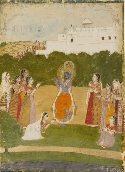 Krishna beside a river playing the flute, c1720. Artist: Unknown.