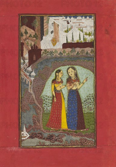 Two ladies in a landscape with palace, c1725. Artists: Unknown, Incha Ram.
