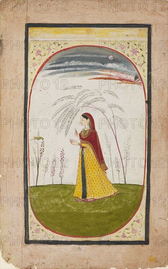 A lady in a sparse landscape, holding a flower and cup, early 19th century. Artist: Unknown.