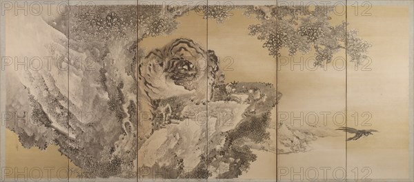 Six-fold screen depicting a roaring tiger, 1749-1838. Artist: Kishi Ganku.