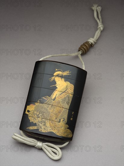 Inro depicting the courtesan Morokoshi of Echizen-ya writing a letter, 19th century. Artist: Shunsho.