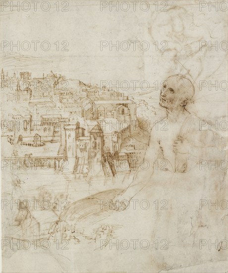 View of the city of Perugia, with the penitent St Jerome in the foreground, 1500-1504. Artist: Perugino.