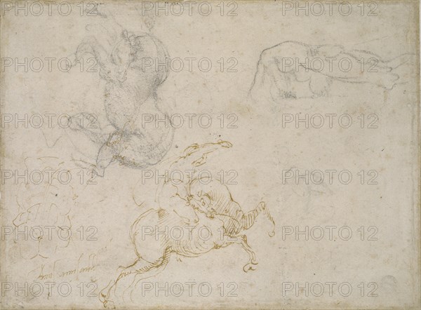 A Horseman charging and other Studies, 16th century. Artist: Michelangelo Buonarroti.