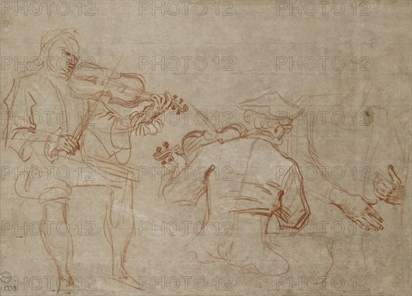 Study of two Violinists and a Pair of Hands, holding an Arm, on the right, about 1716. Artist: Jean-Antoine Watteau.