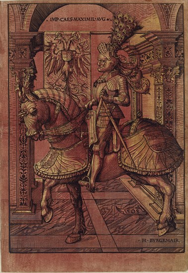 Emperor Maximilian I, armed on horseback, 1508. Artist: Hans Burgkmair, the Elder.
