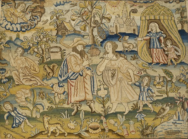 Embroidered picture: Abraham's dismissal of Hagar, mid-17th century. Artist: Unknown.