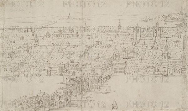 Panorama of London as seen from Southwark: London Bridge, 1554. Artist: Anthonis van den Wyngaerde.
