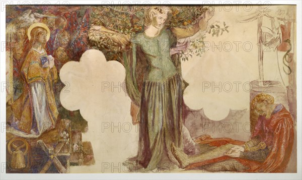Sir Lancelot's Vision of the Sanc Grael: Study for the Fresco painting in the Oxford Student Union,  Artist: Dante Gabriel Rossetti.