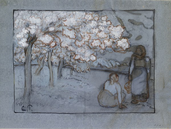 Compositional study of two female peasants conversing in an orchard, c1894. Artist: Camille Pissarro.