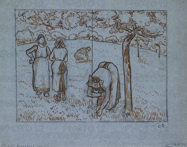 Compositional study of four female peasants working in an orchard ('Spring'), c1894. Artist: Camille Pissarro.