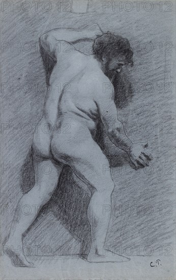 Study of a male nude posed against a wall seen in profile facing right, 1856-1860. Artist: Camille Pissarro.