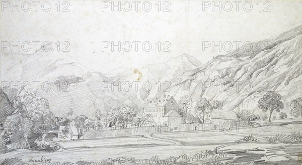 View of Buildings in a walled Enclosure with Mountains in the Background, mid 19th century. Artist: Charles Francois Daubigny.