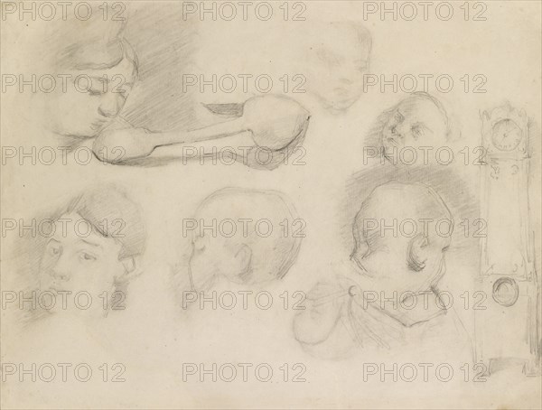 Studies of a Child's Head, a Woman's Head, a Spoon, and a longcase Clock, c1872. Artist: Paul Cezanne.