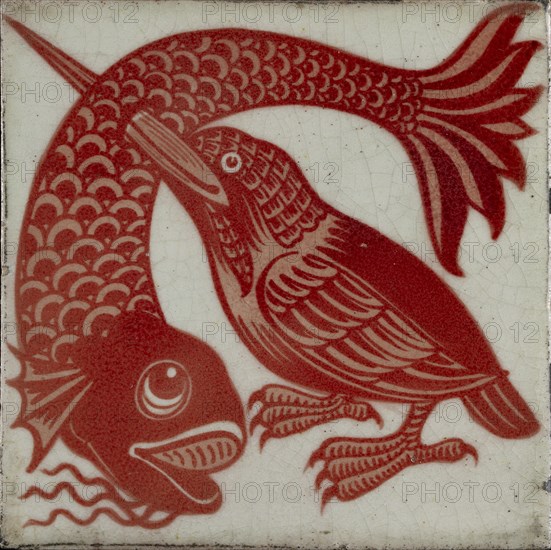 Tile with kingfisher with beak through fish, 1882-1888. Artist: William Frend De Morgan.