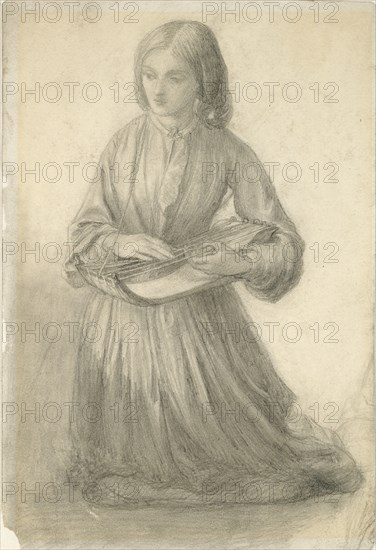 Elizabeth Siddal playing a Stringed Instrument, c1852. Artist: Dante Gabriel Rossetti.