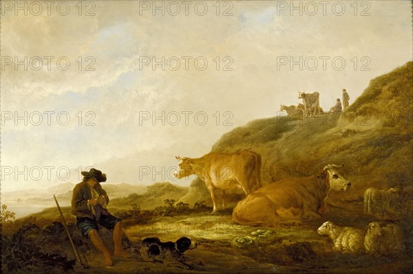 Seated Shepherd with Cows and Sheep in a Meadow, c1644. Artist: Aelbert Cuyp.