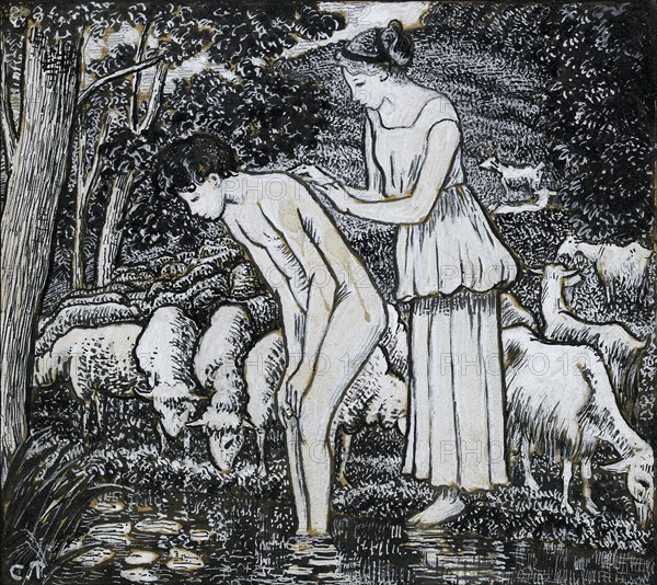 Chloë washing Daphnis at a stream, compositional study for an illustration, c1895. Artist: Camille Pissarro.