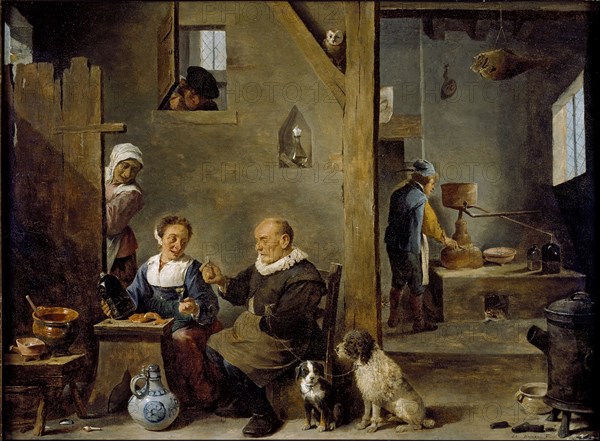 A Distillery with an elderly Man buying Gin from a Woman, c1640-1649. Artist: David Teniers II.