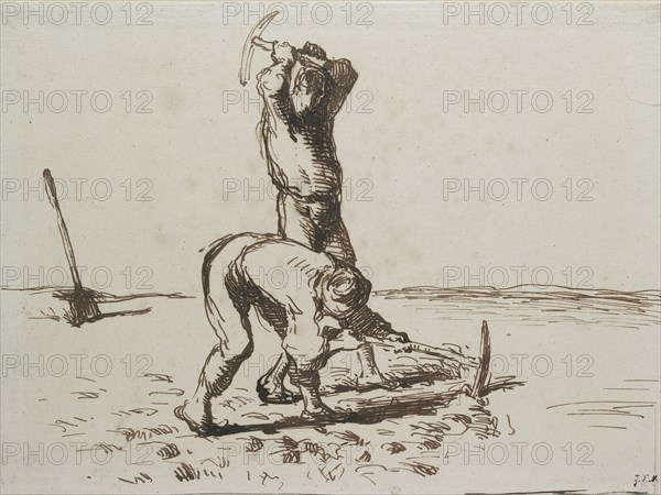 Two Peasants digging with Pickaxes, c1844-1846. Artist: Jean Francois Millet.