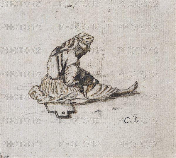 Study of a seated female figure sewing, 1852. Artist: Camille Pissarro.