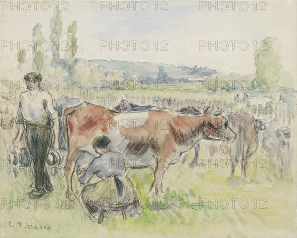 Compositional study of a milking scene at Eragny-sur-Epte, 1884. Artist: Camille Pissarro.