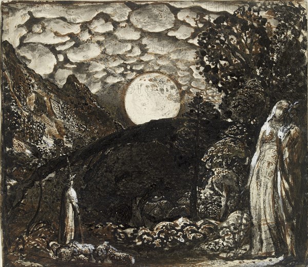 Shepherds under a Full Moon, c1829-1830. Artist: Samuel Palmer.
