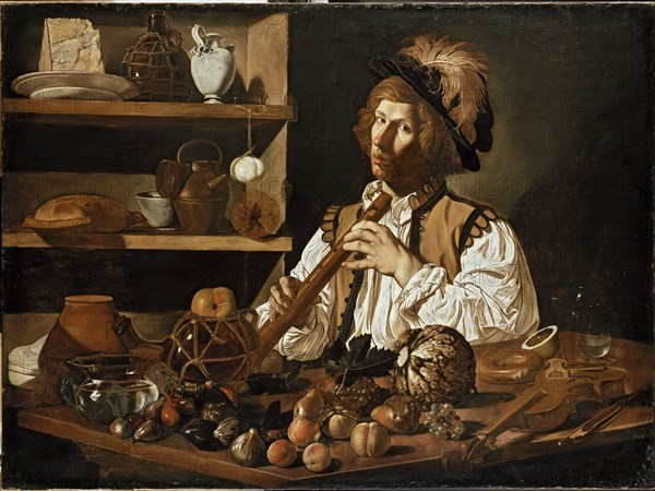 Interior with a young Man holding a Recorder, c1610- 1621. Artist: Cecco del Caravaggio.