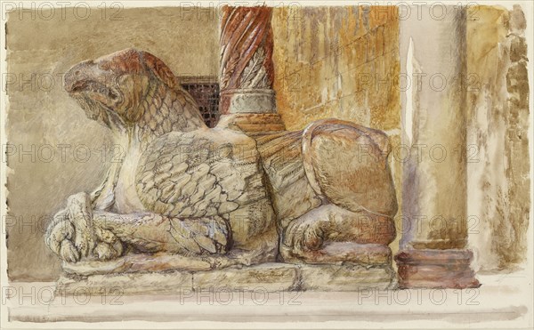 The Gryphon bearing the north Shaft of the west Entrance of the Duomo, Verona, 18-28 June 1869. Artist: John Ruskin.