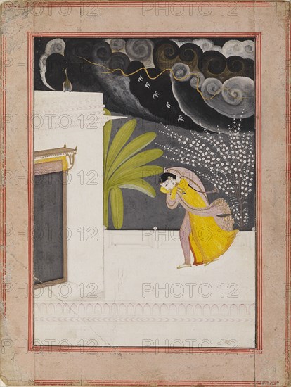 Lady on a terrace seeking shelter from the rains, early 19th century. Artist: Unknown.