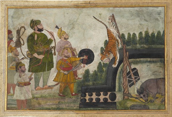 Rawat Gokul Das inspects a trapped tiger, 1810-1815. Artist: Chokha.