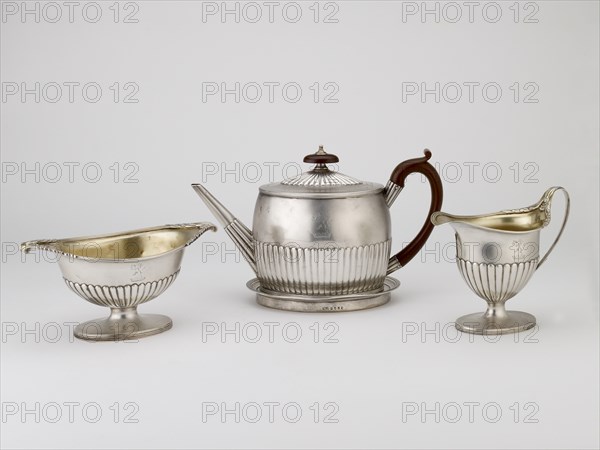 Teapot and Stand and jug, 1795; Sugar Bowl, 1794. Artist: Michael Plummer.