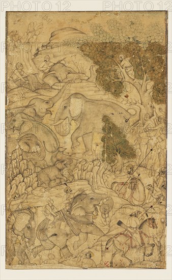 Figures capturing wild elephants, late 16th century -early 17th century. Artist: Unknown.