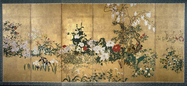 Screen with spring and summer flowers, early 18th century. Artists: Unknown, Watanabe Shiko.