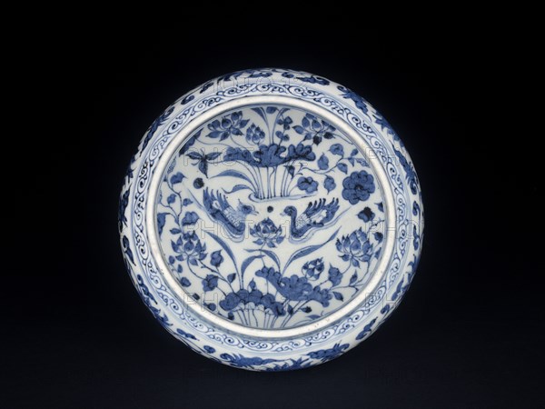 Blue-and-white stem bowl with lotus flowers and mandarin ducks, mid-14th century. Artist: Unknown.