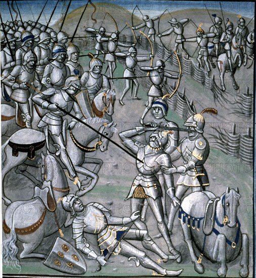 Scene of the Battle of Poitiers (732), with Carlos Martel winner of the Arabs. Miniature of the '?