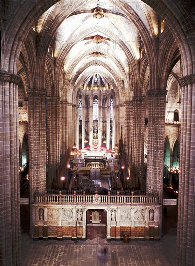 Inside of the Barcelona Cathedral, detail of the main altar and choir of the 13th. Century.