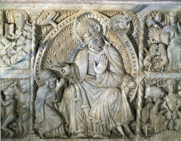 Saint Paul indoctrinating Santa Tecla. Altar front in white marble in the cathedral of Tarragona.