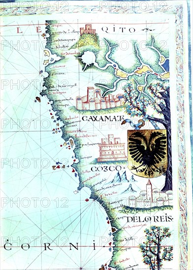 Map of the Pacific coast along the present nations of Ecuador and Peru, with villages of Quito, C?