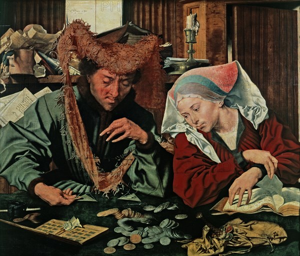 'The money changer and his wife', oil painting by Marinus Reymerswaele.