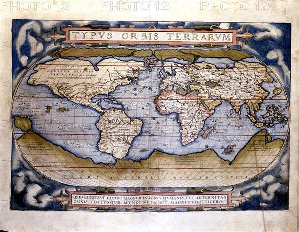 Theatrum Orbis Terrarum' of Abraham Ortelius, Amberes, 1574, world map 'Typus Orbis Terrarum'.
