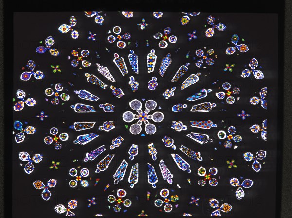 Stained glass window with the rose window of the Monastery of San Cugat del Valles.