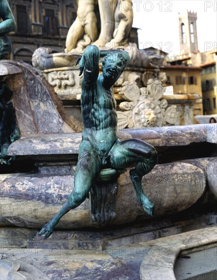 Fountain of Neptune in the Piazza della Signoria in Florence. Detail of Triton, bronze figure sur?