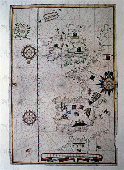 Atlas of Joan Martines, Messina, 1582. Portulan chart of Western Europe showing the Iberian penin?
