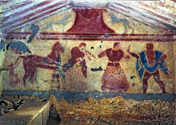 Tomb of the two beams, detail of mural Paintings from Tarquinia.