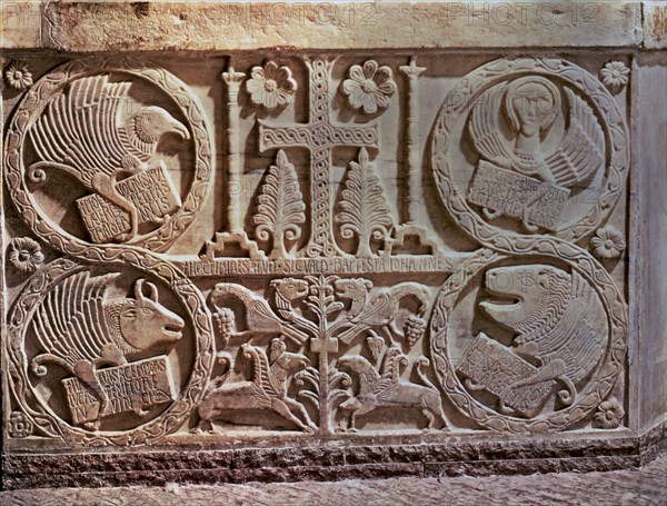 Bas-relief from the Baptistery of Saint Calixto (737-756). Detail of stucco with the symbols of t?